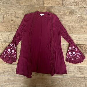 Coco + Jaimeson Maroon Cardigan with Bell Embroidered Sleeves Size Small